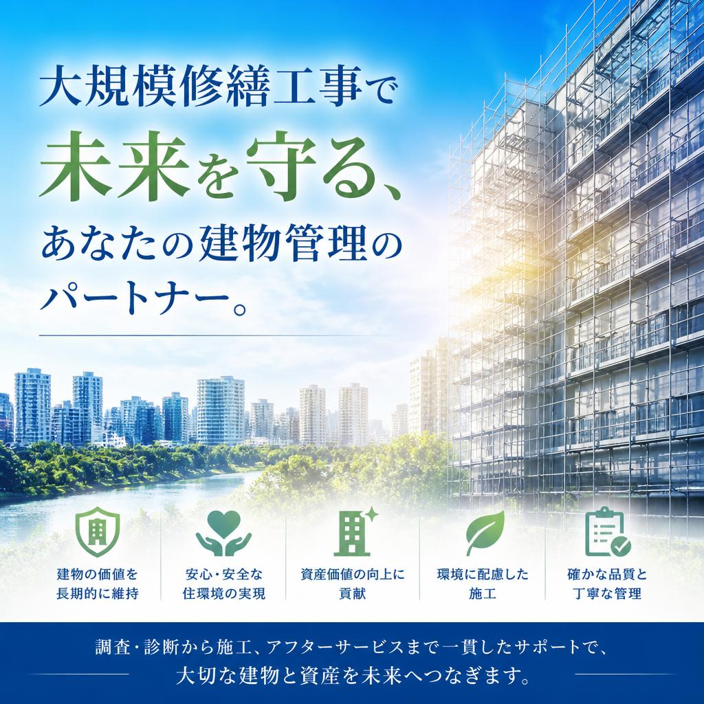 大規模修繕工事で未来を守る、あなたの建物管理のパートナー。
