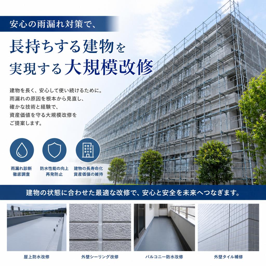 安心の雨漏れ対策で、長持ちする建物を実現する大規模改修