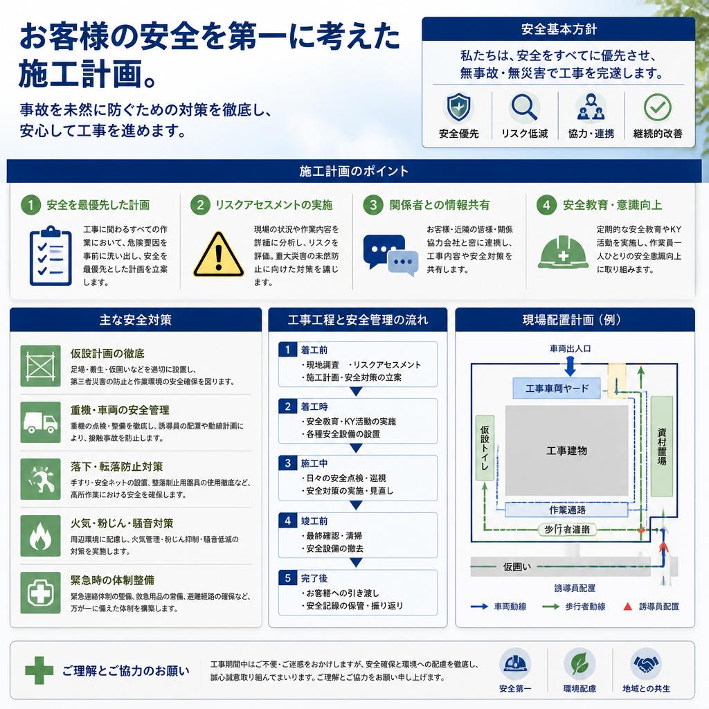 綿密な安全対策で安心の工事